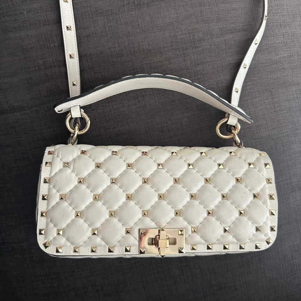 Valentino White Quilted Shoulder Bag with Gold Studs